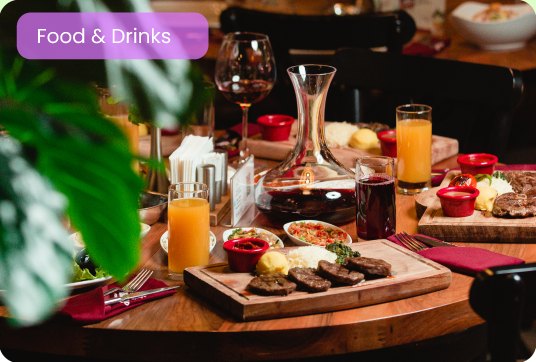Restaurant table with food and drinks