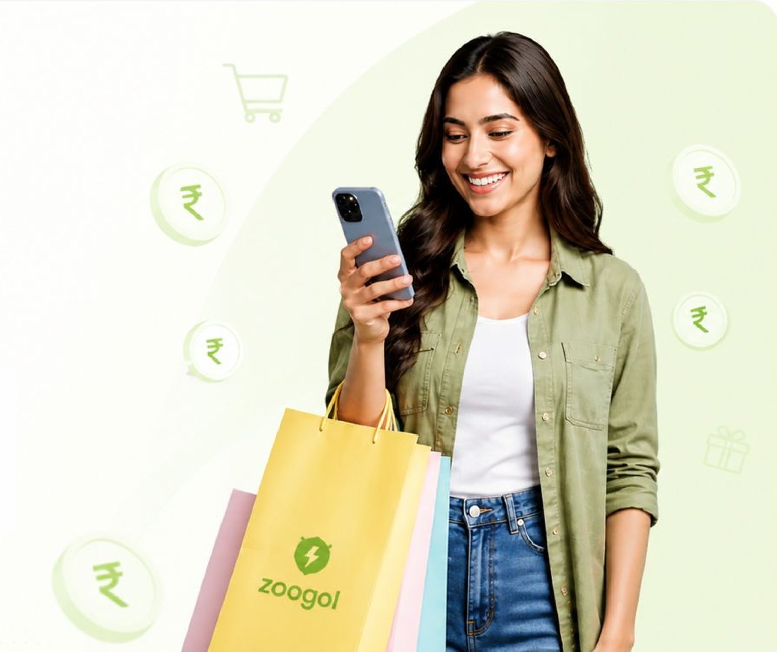 Smiling shopper holding her phone and a Zoogol shopping bag, surrounded by cashback coins